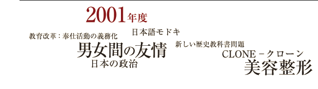 2001年度　日本語モドキ　教育改革：奉仕活動の義務化　男女間の友情　新しい歴史教科書問題　日本の政治　CLONE−クローン　美容整形